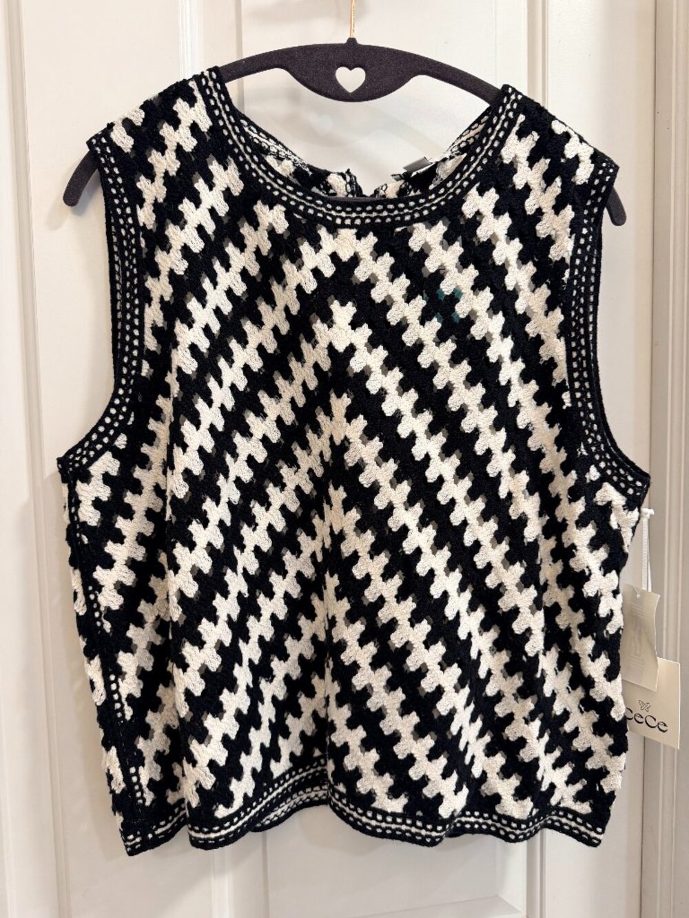 NWT CeCe Houndstooth Crochet Tie-Back Tank Top L